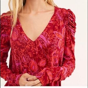 BOHO FREE PEOPLE HELLO LOVER V-NECK PUFF SLEEVE TUNIC DRESS FLOWY SILHOUETTE EUC